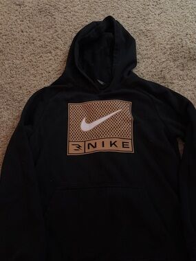Nike Kids Youth Black Crewneck Hoodie with Tan Logo Panel